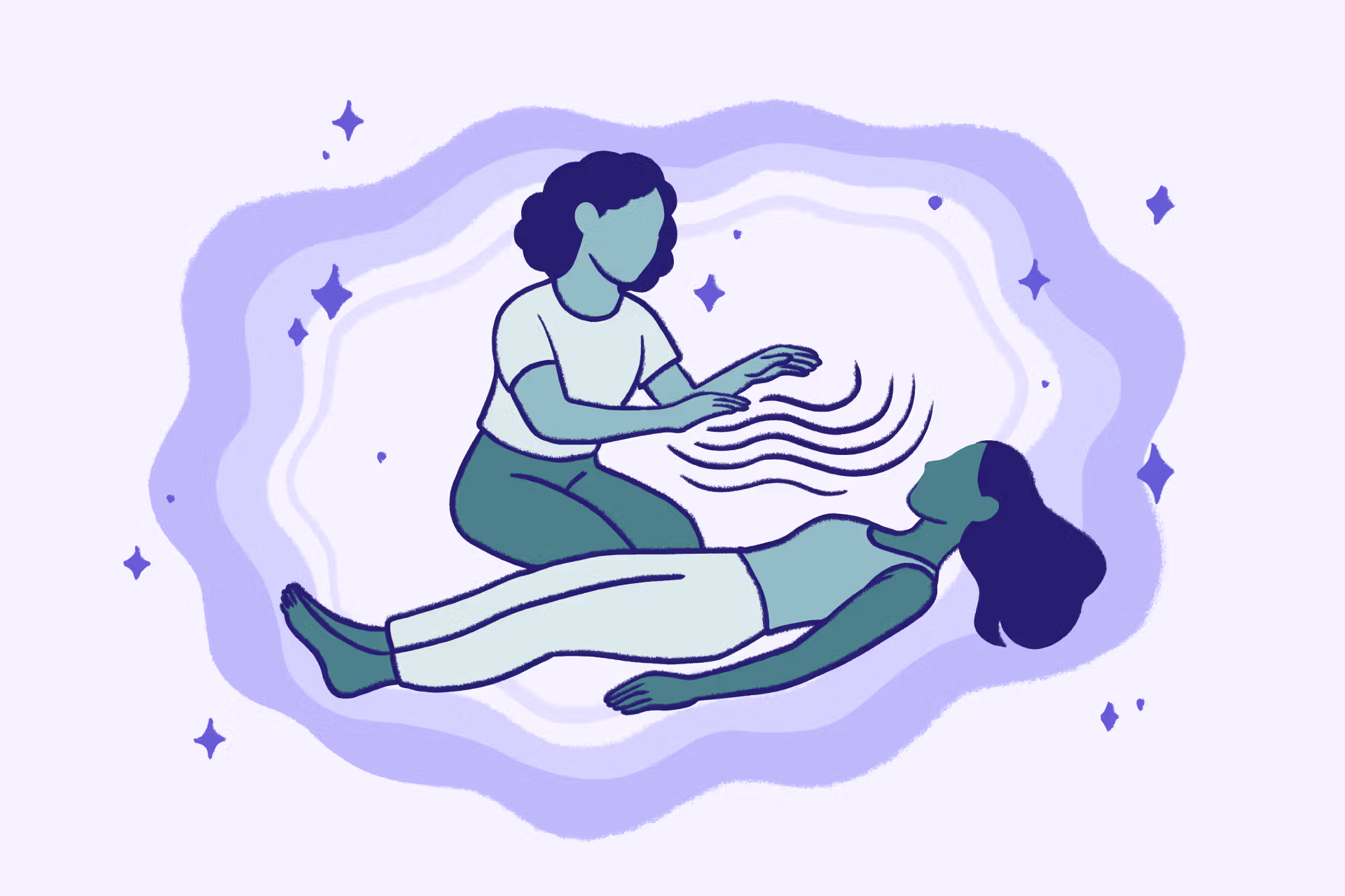 A pair of hands held in soft light above a person resting, with gentle energy moving between them.