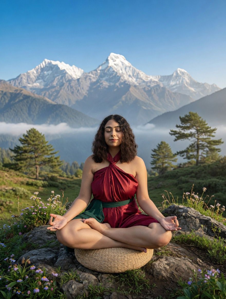Shefali Nath in seated meditation at the Himalayan foothills.