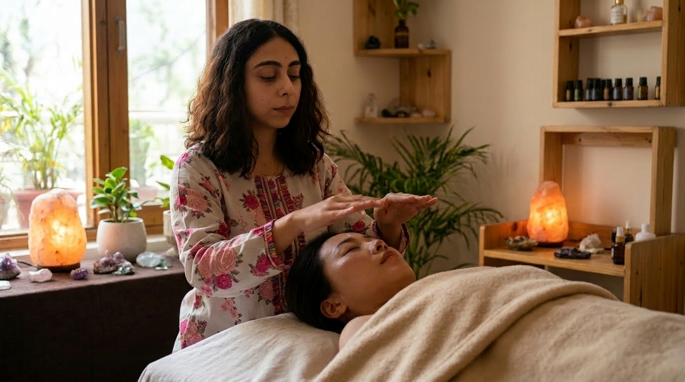 Shefali Nath holding her hands above a client’s forehead during a Reiki session in the Xinyi studio.